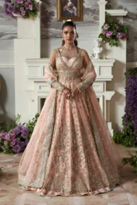 Pink Net Embroidered Lehenga Choli - Front View | Hand Embellished Pakistani Bridal Wear with 6" Panels by Sana Fashion Studio