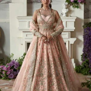 Pink Net Embroidered Lehenga Choli - Front View | Hand Embellished Pakistani Bridal Wear with 6" Panels by Sana Fashion Studio