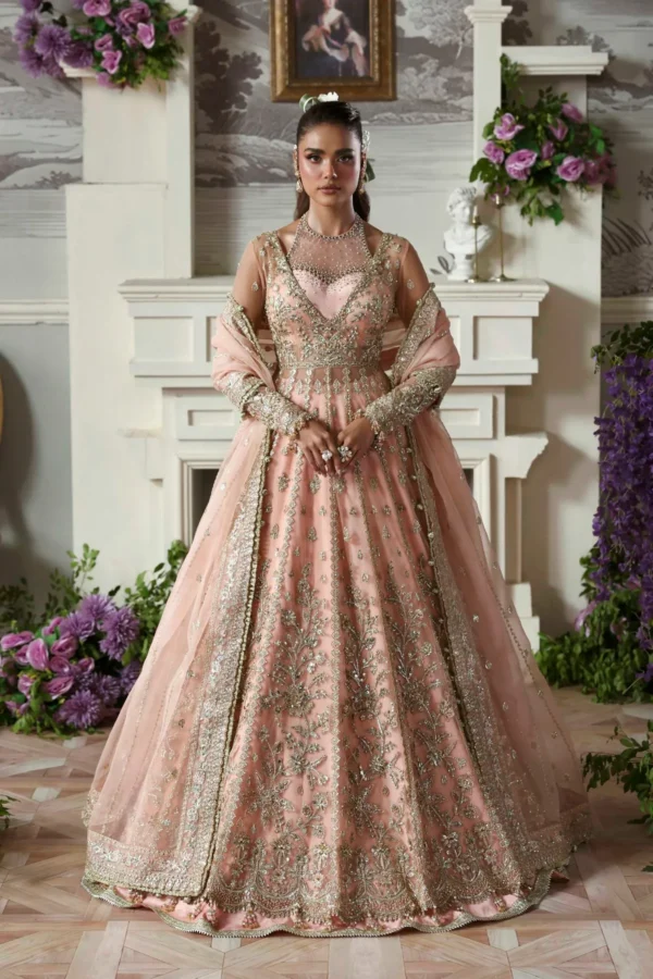 Pink Net Embroidered Lehenga Choli - Front View | Hand Embellished Pakistani Bridal Wear with 6" Panels by Sana Fashion Studio