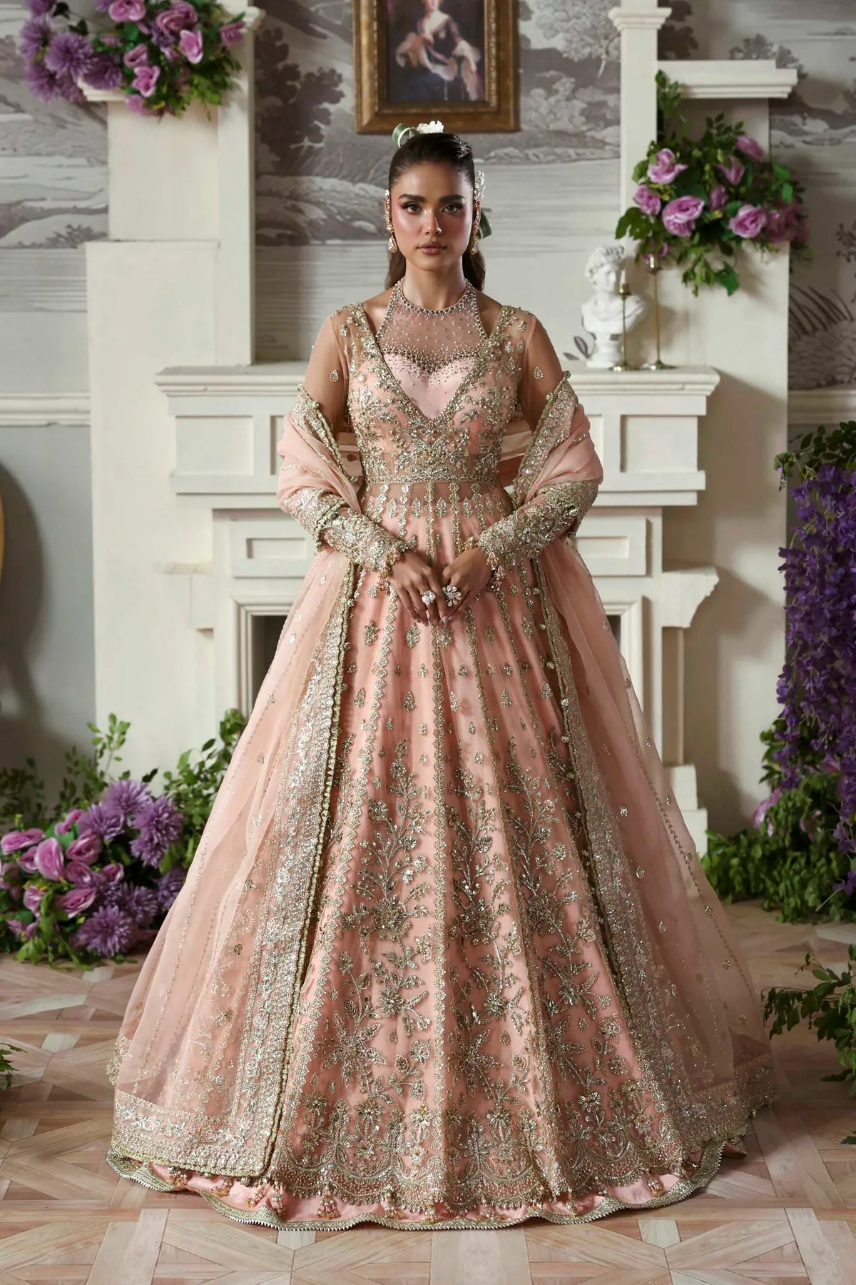 Pink Net Embroidered Lehenga Choli - Front View | Hand Embellished Pakistani Bridal Wear with 6" Panels by Sana Fashion Studio