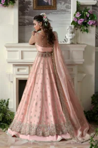 Pink Net Embroidered Lehenga Choli Back View - Pakistani Bridal Outfit with Embroidered Back Panels & Blouse