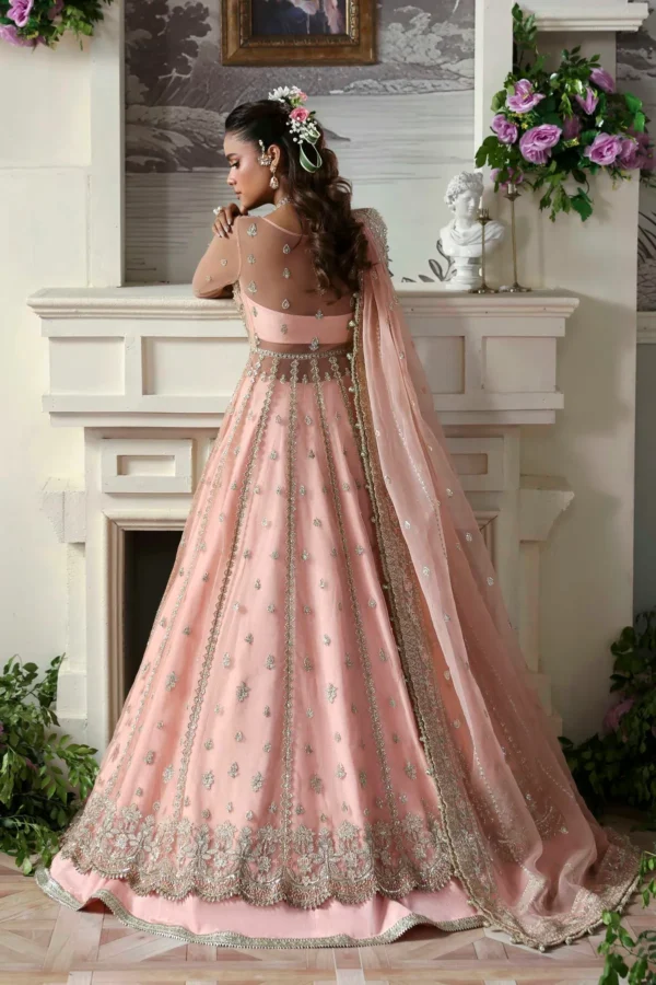 Pink Net Embroidered Lehenga Choli Back View - Pakistani Bridal Outfit with Embroidered Back Panels & Blouse