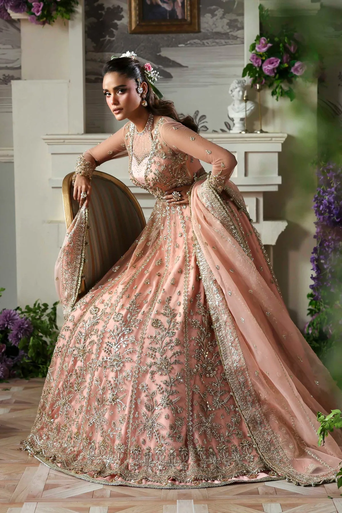 Close-up of Pink Net Embroidered Lehenga - Intricate Hand Embroidery, Sequins & Pearl Detailing on Premium Pink Net Fabric
