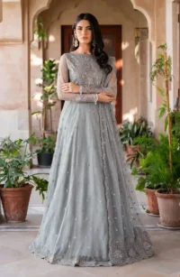Front view of grey sequins embroidered net gown - Pakistani bridal wear with floral sequins embroidery on bodice and full skirt