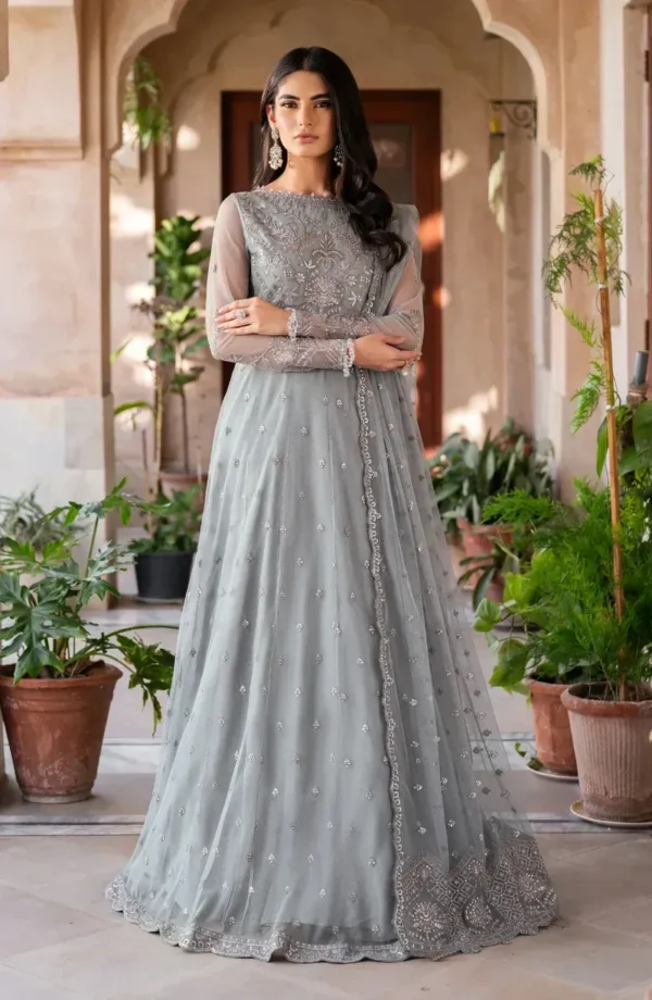 Front view of grey sequins embroidered net gown - Pakistani bridal wear with floral sequins embroidery on bodice and full skirt