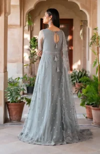 Back view of grey sequins net gown showing intricate embroidery details and elegant silhouette