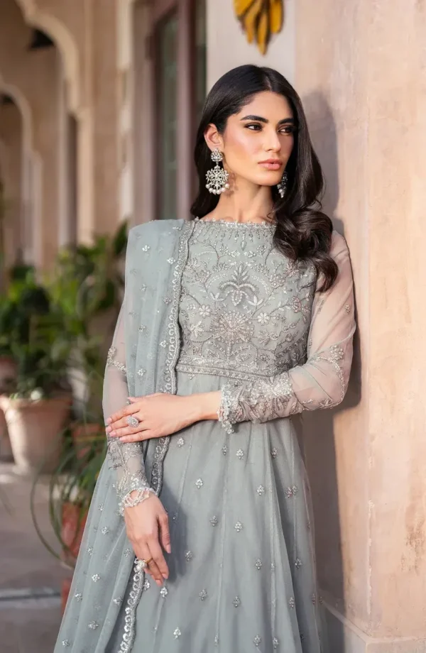 Front view of grey sequins embroidered net gown - Pakistani bridal wear with floral sequins embroidery on bodice and full skirt