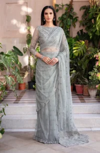 Front view of grey sequins embroidered net gown - Pakistani bridal wear with floral sequins embroidery on bodice and full skirt