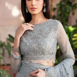 Grey sequins embroidered net gown - Pakistani bridal party wear dress with intricate hand-crafted sequins work on premium net fabric, full-length fitted sleeves, and matching dupatta
