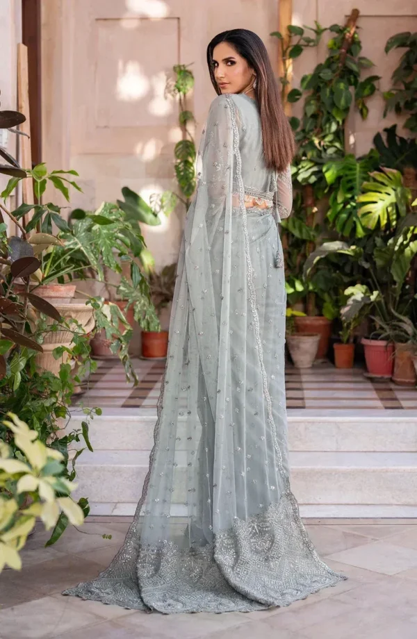 Back view of grey sequins net gown showing intricate embroidery details and elegant silhouette
