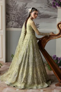 Back view of pista green hand embellished organza lehenga choli