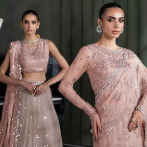 Pink Sequins Embroidered Chiffon Saree - Pakistani Bridal Wear by Sana Fashion Studio
