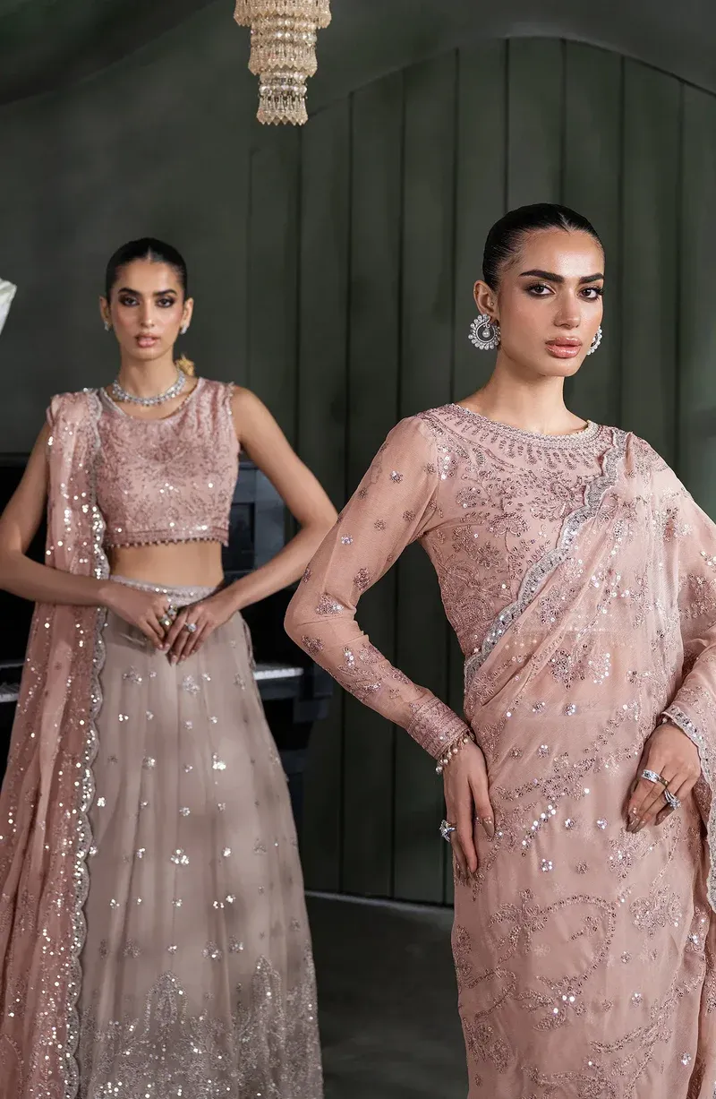 Pink Sequins Embroidered Chiffon Saree - Pakistani Bridal Wear by Sana Fashion Studio