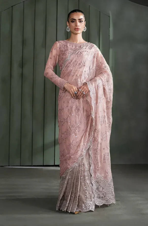 Pink Sequins Embroidered Chiffon Saree - Pakistani Bridal Wear by Sana Fashion Studio