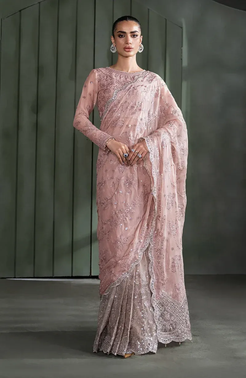 Pink Sequins Embroidered Chiffon Saree - Pakistani Bridal Wear by Sana Fashion Studio