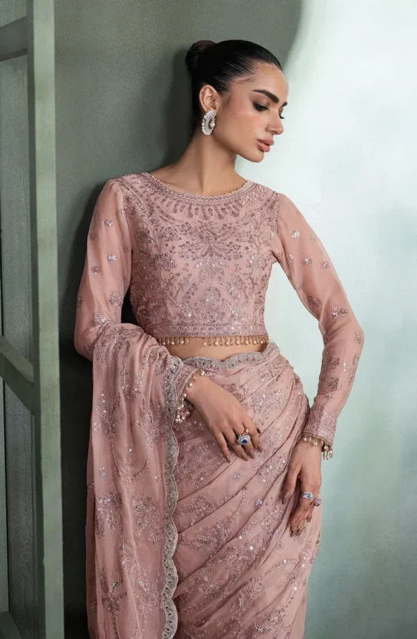 Pink Sequins Embroidered Chiffon Saree - Pakistani Bridal Wear by Sana Fashion Studio