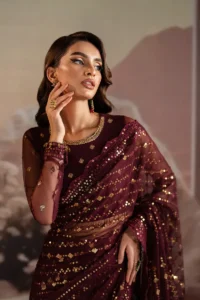 Pakistani sarees online sequins embroidered net bridal red saree for women