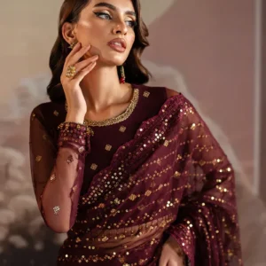 Pakistani sarees online sequins embroidered net bridal red saree for women