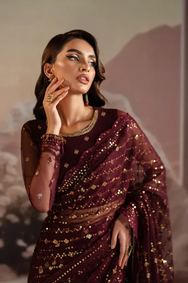 Pakistani sarees online sequins embroidered net bridal red saree for women