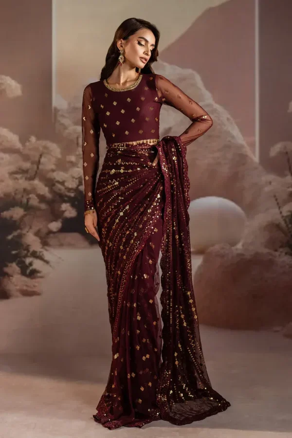 Pakistani sarees online sequins net blouse front back embroidery design
