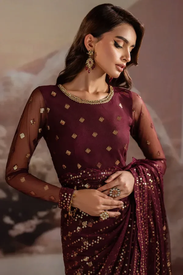Pakistani sarees online red bridal saree net dupatta sequins lace