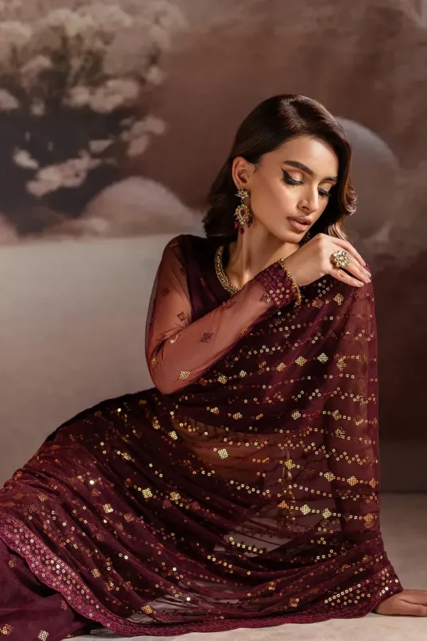 Sequins embroidered net blouse front back bridal saree