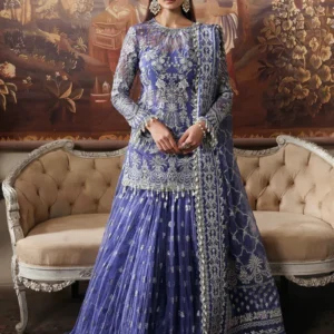 Blue bridal lehenga pakistani with silver threadwork – front view