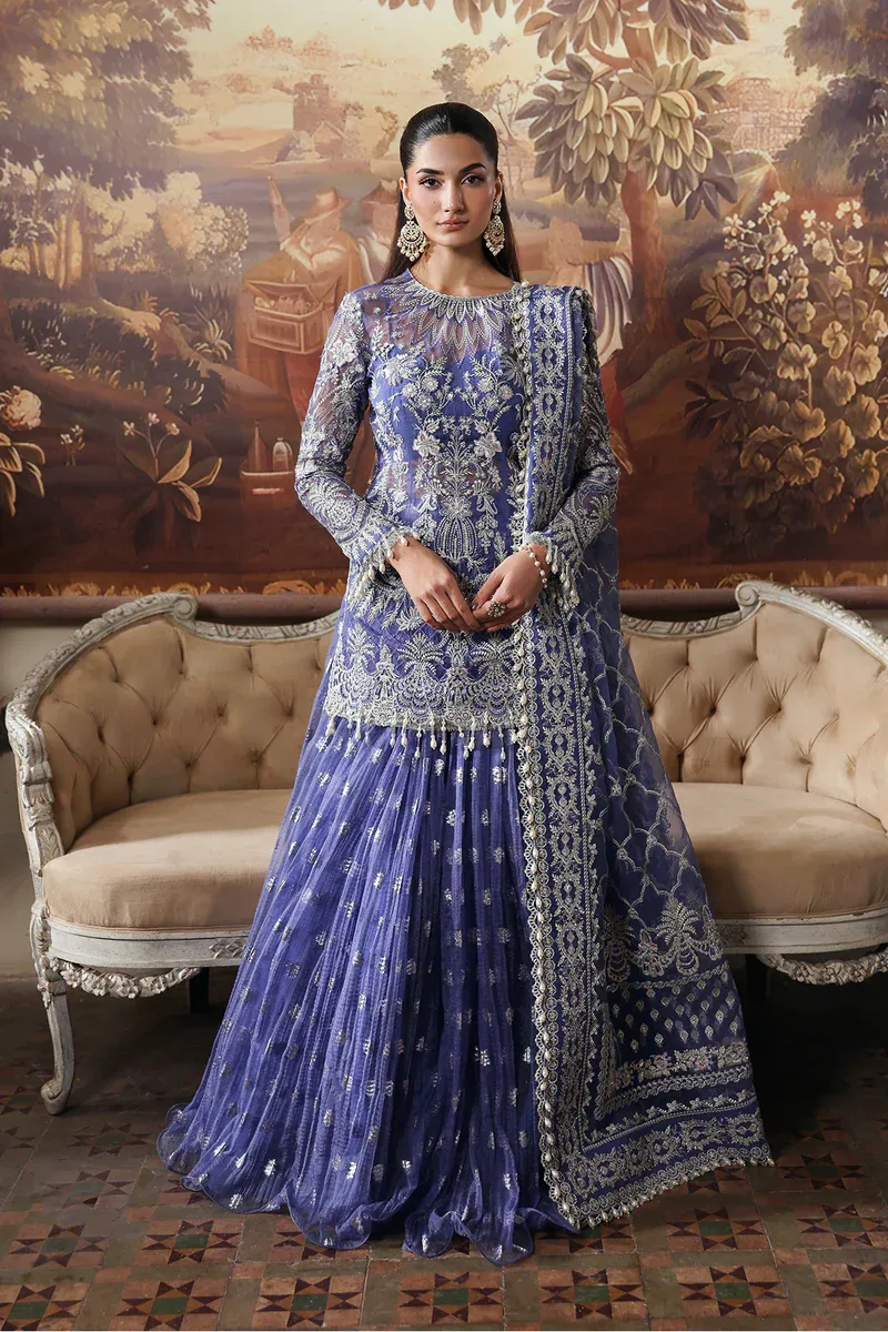 Blue bridal lehenga pakistani with silver threadwork – front view