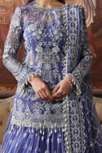 Blue bridal lehenga organza shirt sequin embroidery detail