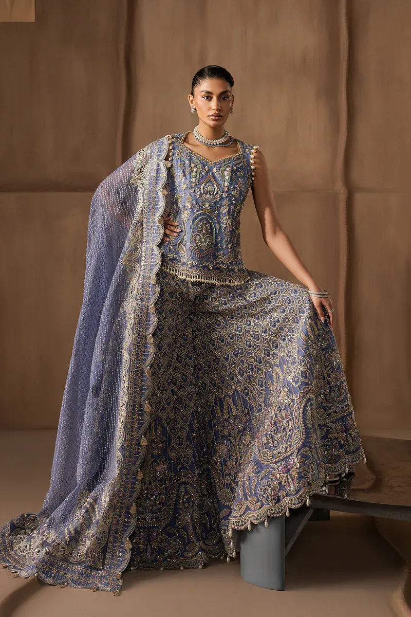 Pakistani sharara suit in steel blue organza – front view