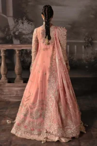 Peach bridal lehenga full look with gold jewelry