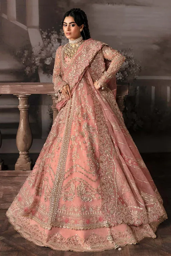 Peach bridal lehenga hand embellished organza – front view