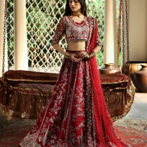 Red bridal lehenga crimson organza embroidery detail