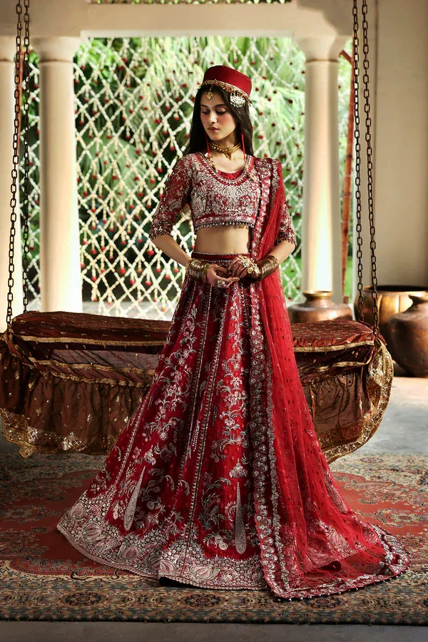 Red bridal lehenga crimson organza embroidery detail
