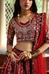 Red bridal lehenga pakistani with silver threadwork – front view