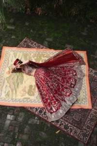 Red bridal lehenga full look with bridal jewelry